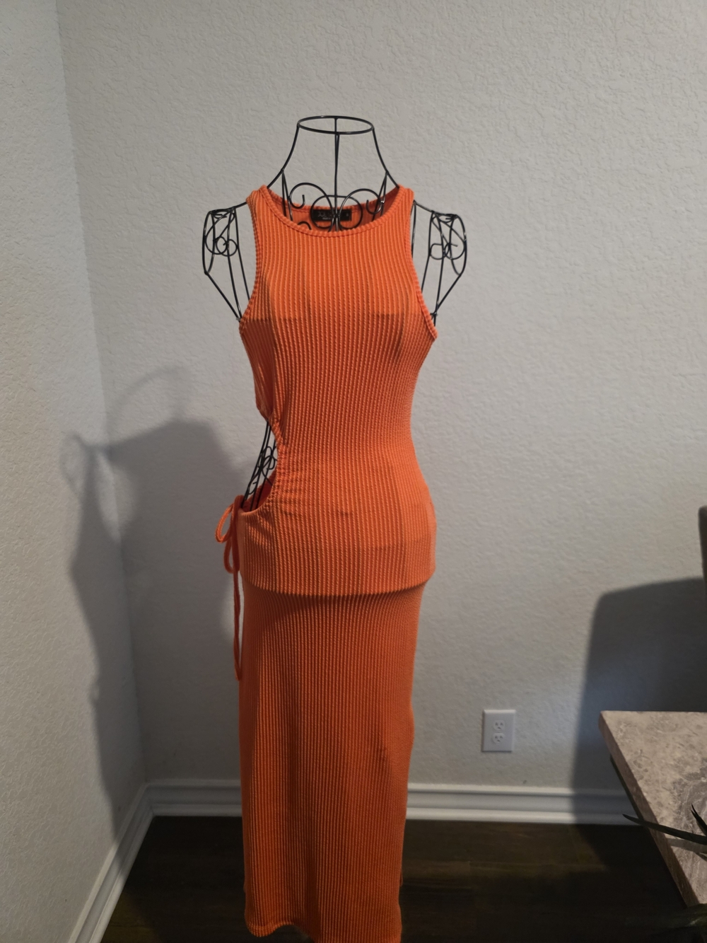 Sleeveless Orange Ribbed Maxi Skirt Set with Side Tie